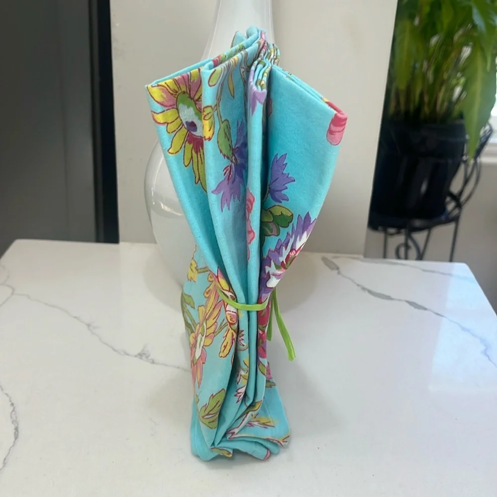 April Cornell WILDFLOWERS Napkins Aqua / Pink Set of 4 100% Cotton NWT